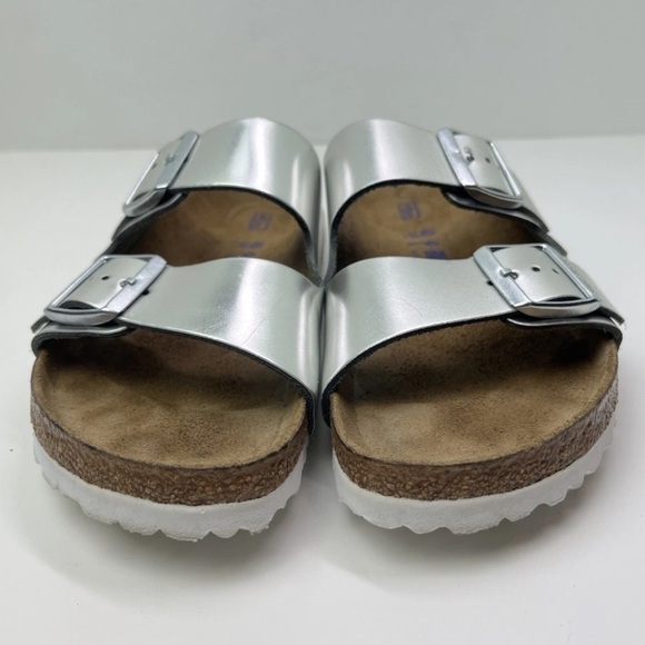 Birkenstock Arizona Metallic Silver Leather Soft Footbed Sandals - Picture 3 of 12